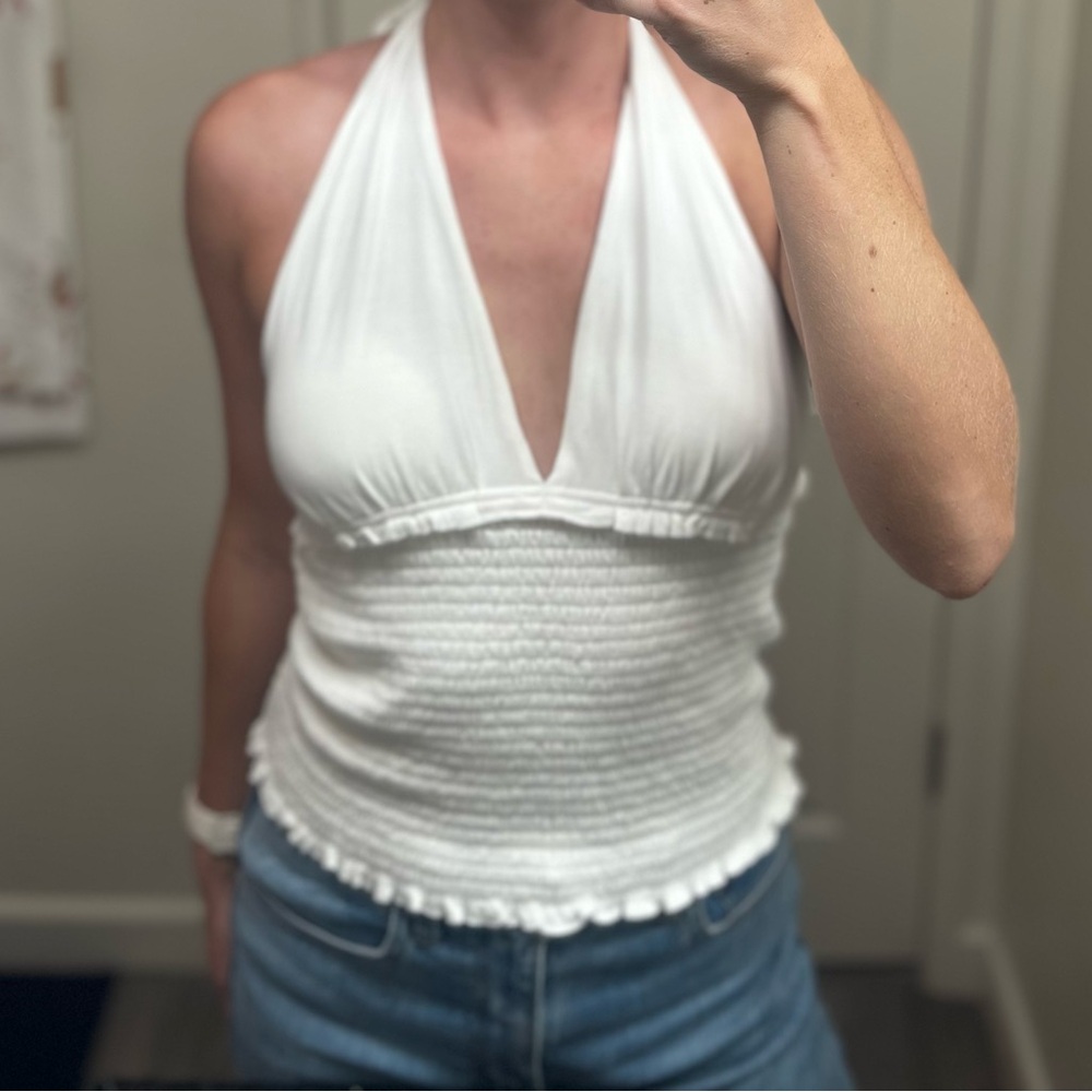 Anthropologie White Halter Neck Smocked Top